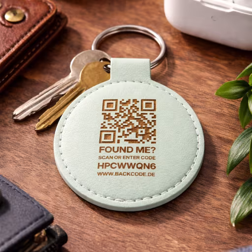 BackCode Kunstleder Schlüsselanhänger rund – Mintgrün mit Tracker-Fach & QR-Code